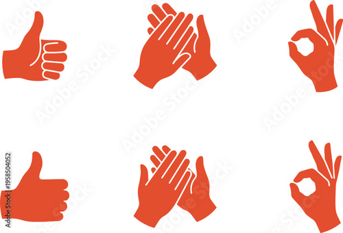 Hand gesture icons set featuring orange thumbs up, clapping, and okay signs in both solid silhouette and detailed white outlined styles.