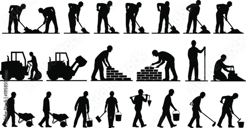 Construction worker silhouettes set performing digging, bricklaying, carrying and equipment operation isolated on white background, industrial labor, building process and worksite activity concept