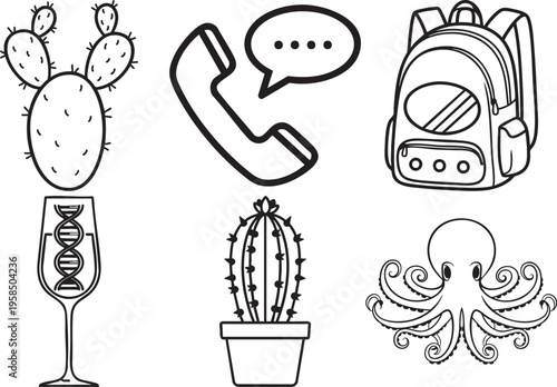 Black and white line drawing of various objects including cactus and backpack