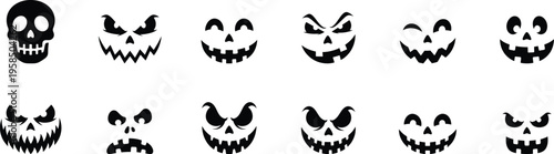 Halloween jack-o'-lantern face silhouettes collection featuring twelve varied spooky and happy pumpkin carving expressions.