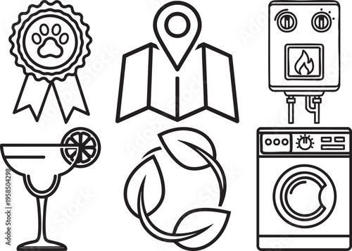 A set of six black line icons on including a badge with paw print, map pin, water heater, cocktail glass, recycling symbol, and washing machine