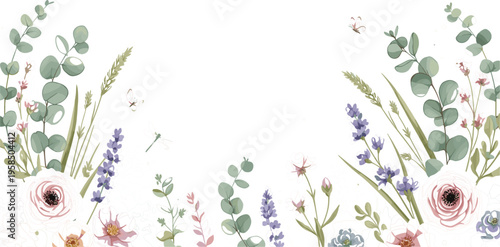 Elegant Botanical Floral Border with Eucalyptus Leaves, Wildflowers, Lavender and Garden Plants on Soft Background for Wedding Invitations, Greeting Cards, and Nature Designs