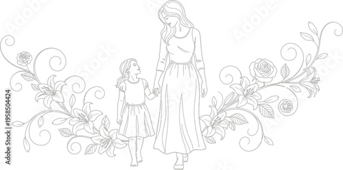 Black and white outline drawing of a loving mother and daughter walking together surrounded by delicate floral elements.