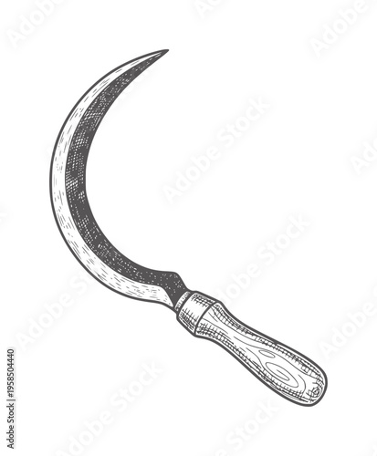 Vintage curved blade sickle with ornate wooden handle