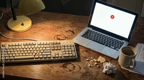 Escritorio manchado con círculos de café seco migas de pan y un portátil 