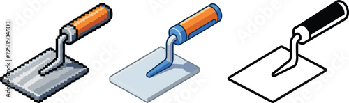 Trowel tool illustrations in pixel, flat and outline styles isolated on white background, construction masonry equipment for plastering, finishing and repair design concept