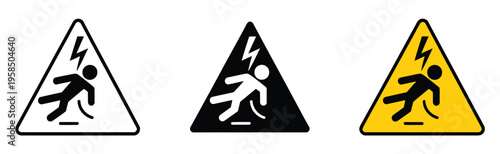 Warning electricity icon, high voltage danger symbol with electric shock pictogram, electrical hazard sign with alert triangle, safety and risk prevention concept, power accident warning symbol, 