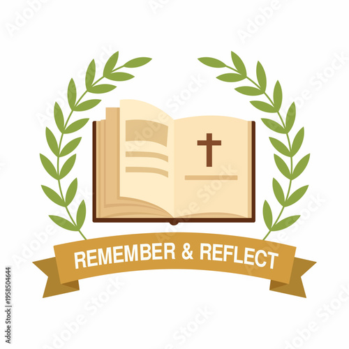 Open Holy Bible with Cross and Laurel Wreath Remember and Reflect Ribbon