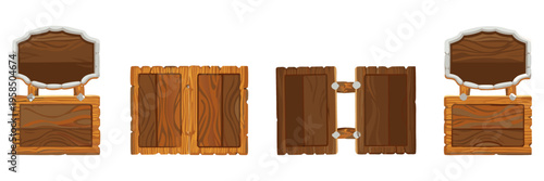 A collection of stylized wooden signboards, cartoon vector style, various shapes and sizes, light and dark wood textures, , detailed wood grain, slightly curved and jagged edges, game UI asset style