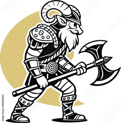 Angry Ram Viking Warrior Mascot Holding Battle Axe Graphic