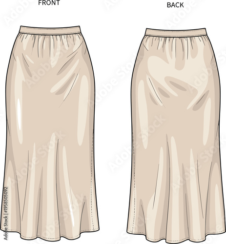 Beige long skirt fashion illustration, front and back view, elegant womens maxi skirt vector, realistic fabric folds, clothing design template, minimalist style