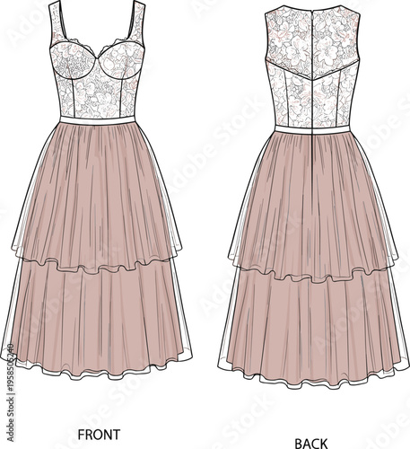 Floral lace evening dress fashion illustration, front and back view, layered tulle midi dress vector, elegant womens clothing design template, romantic style