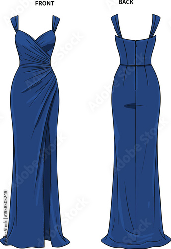 Elegant evening gown fashion illustration, front and back view, blue draped maxi dress vector, formal womens clothing design template, luxury style