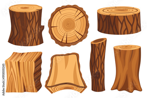 Hand-drawn wooden boards and tree stumps with detailed textures, warm tones, and soft shadows