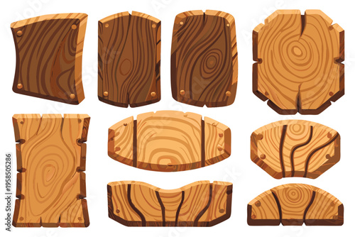 Fantasy wooden UI panels,  unique wooden boards with carved and layered planks, smooth shading, rich wood grain texture, slightly curved and broken edges, mobile game design style