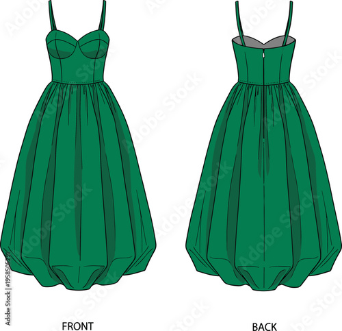 Green midi dress fashion illustration, front and back view, spaghetti strap gathered skirt vector, elegant womens clothing design template, modern style