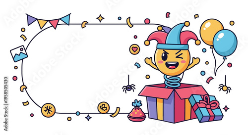 A cheerful cartoon character emerges from a colorful gift box surrounded by festive balloons and confetti in a playful April Fools' Day social media frame