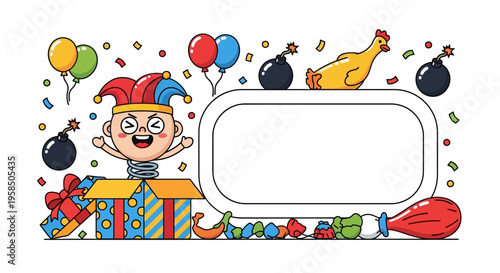 A colorful April Fools' Day social media frame features a joyful cartoon character with a jester's hat popping out of a gift box, surrounded by balloons, confetti, and a rubber chicken