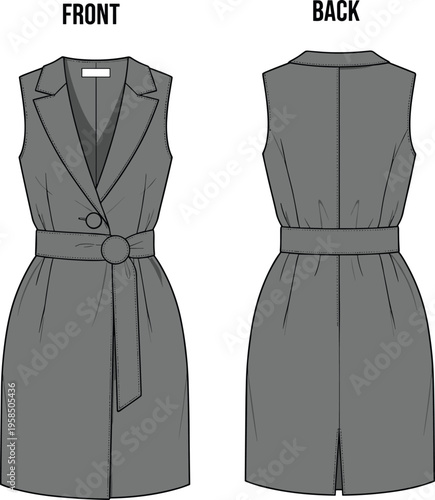 Sleeveless blazer dress fashion illustration, front and back view, grey belted mini dress vector, tailored womens clothing design template, modern formal style