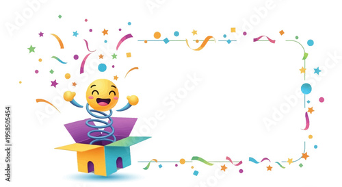 A cheerful cartoon character emerges from a colorful gift box surrounded by confetti and streamers in a vibrant April Fools' Day social media frame