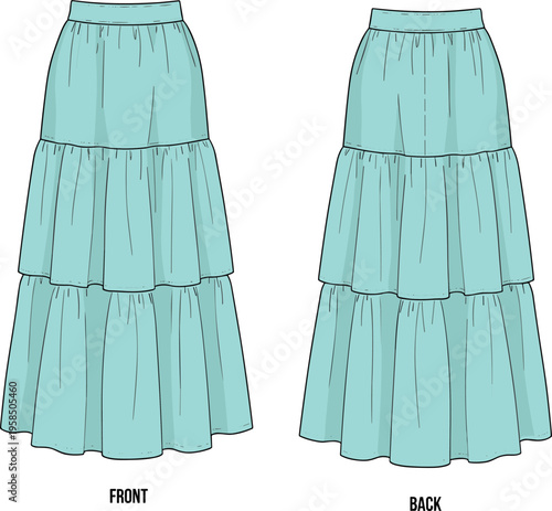 Tiered maxi skirt fashion illustration, front and back view, blue ruffle skirt vector, flowy womens clothing design template, boho casual style