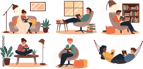 People Reading Books at Home Illustration Set with Cozy Living Room Scenes, Relaxing Readers, Indoor Leisure Activities, Home Library and Comfortable Lifestyle Moments