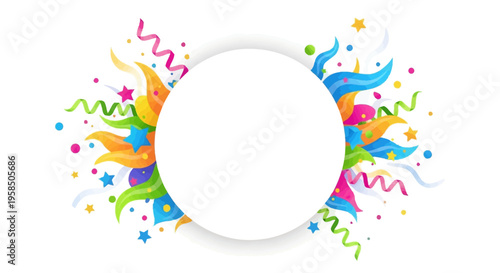 Colorful April Fools' Day social media frame with a white circle surrounded by festive confetti, balloons, and icons on a white background
