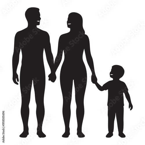 A black silhouette illustration of a happy family walking together holding hands with parents and children showing love and togetherness