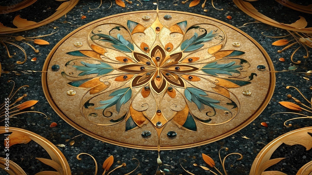 Fototapeta premium Intricate circular mandala with ornate floral and geometric patterns in gold blue and beige colors Artistic decorative design with symmetry and detailed craftsmanship