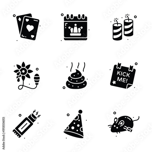 Ready to use glyph design icons representing April Fool's Day pranks and humor.