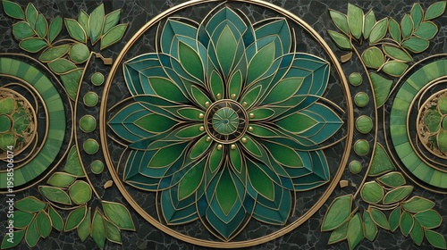 Ornamental green floral design with intricate leaf patterns and detailed artistic glasswork
