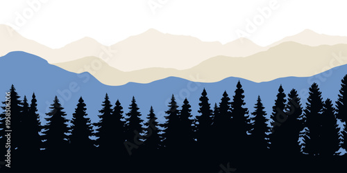 Cold mountains and ridge panorama silhouette background. Morning pine trees landscape illustration.