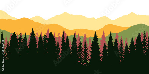 Mountains and ridge panorama silhouette background. Beautiful peak view. Morning pine trees landscape illustration.