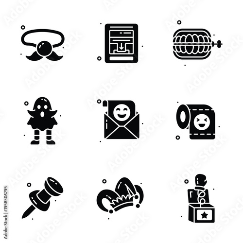 Collection of fun April Fools Day icons with a playful, cartoonish style.