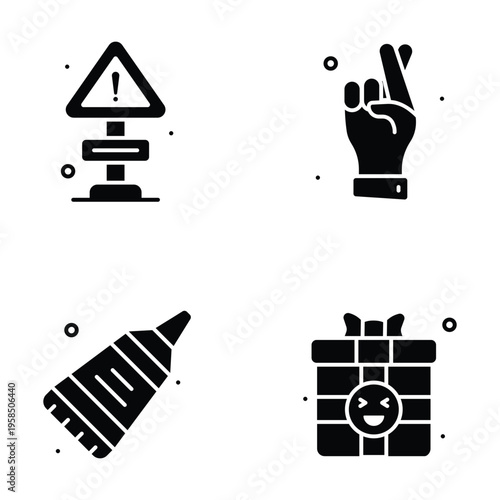 Set of glyph design icons related to April Fools' Day pranks.