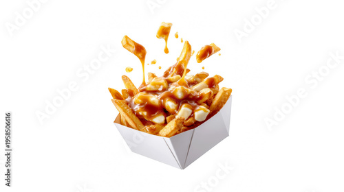 Poutine in a white box with cheese curds and gravy pouring on top