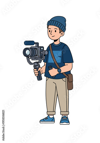 Young videographer holding camera on gimbal stabilizer