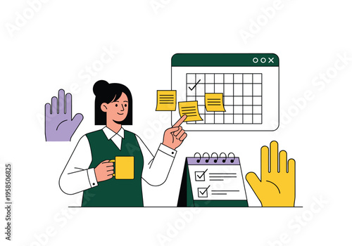 Woman planning schedule with calendar and sticky notes