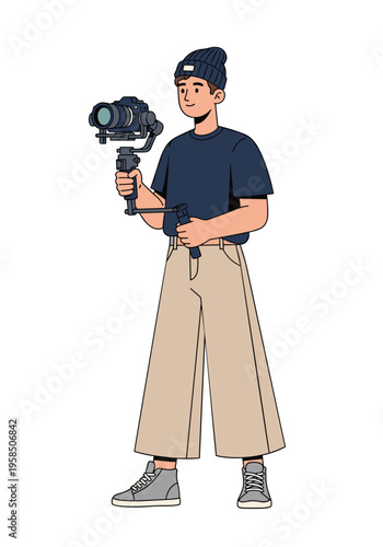 Male videographer recording video with a camera gimbal
