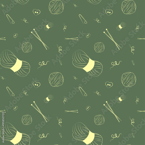 Seamless pattern with knitting wool yarn skeins, balls and needles on dark olive green background, organic handmade craft texture.