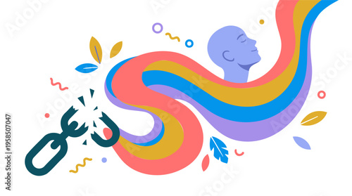 A vibrant illustration depicting a broken chain transforming into colorful flowing ribbons leading to a serene human head, symbolizing freedom and creativity.