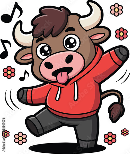 Cute cartoon bull dancing cheerfully, wearing a red hoodie and black pants