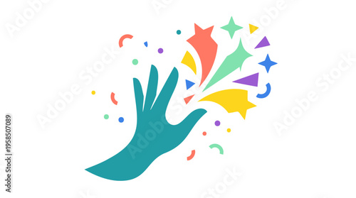 Teal hand reaching out with a burst of colorful stars, triangles, and confetti, symbolizing magic, creativity, or celebration.