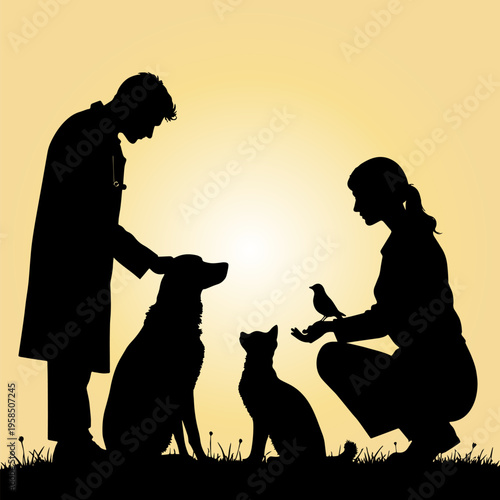 Veterinarian examining pets silhouette concept, doctor and owner with dog, cat and bird