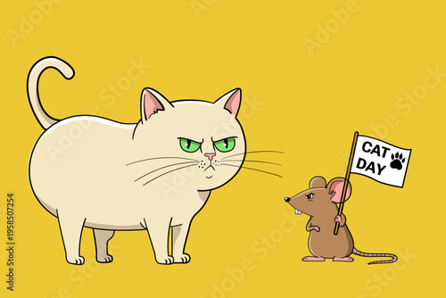 A fat cat looks at a brave mouse holding a flag with the inscription 