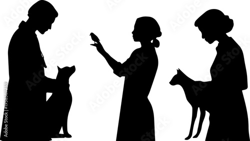 Veterinarian examining pets silhouette concept, doctor and owner with dog, cat and bird
