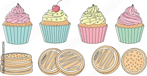 Charming hand-drawn illustration features a delightful assortment of colorful cupcakes with creamy frosting and sweet cookies, ideal for bakery or party themes.