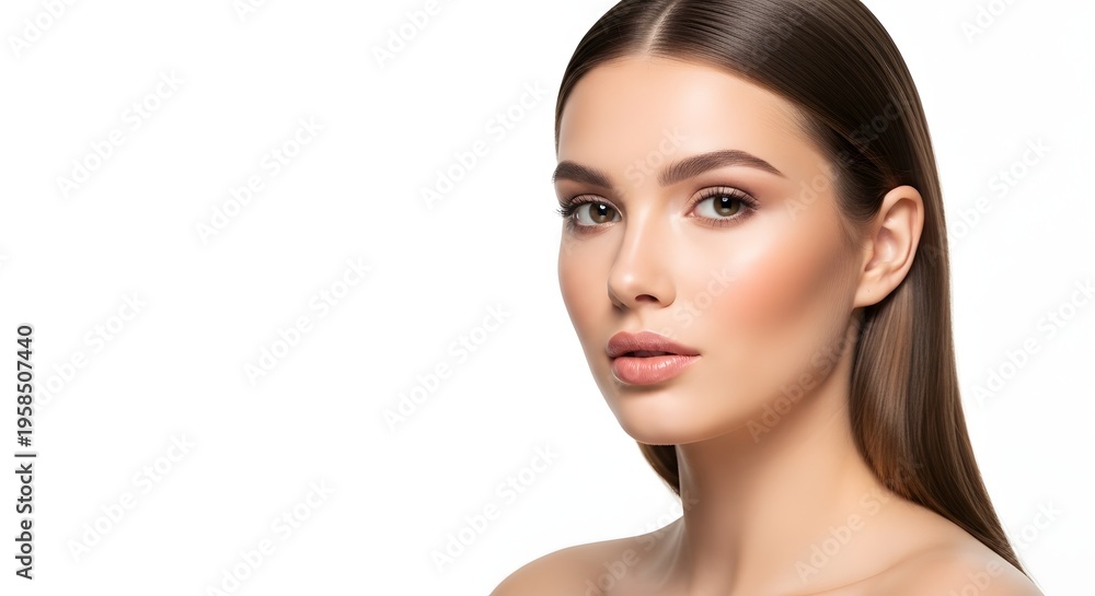 Naklejka premium Beautiful Woman with Perfect Skin and Makeup on White Background