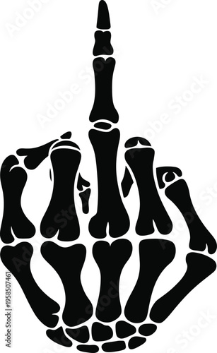 Skeleton hand gesture middle finger bone silhouette isolated on white background