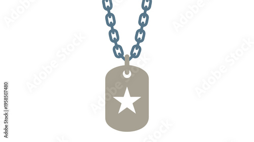 A minimalist graphic illustration depicting a gray military dog tag featuring a white star, suspended from a blue chain.